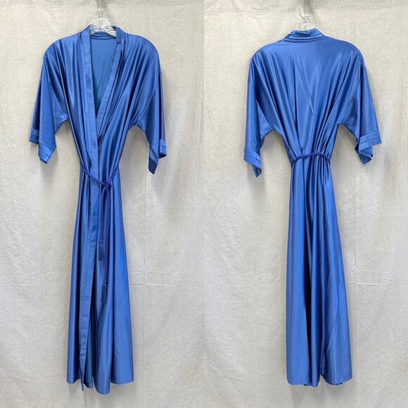 Val Mode vintage 70s blue satin maxi length robe with cord rope tie belt Small - Picture 15 of 16